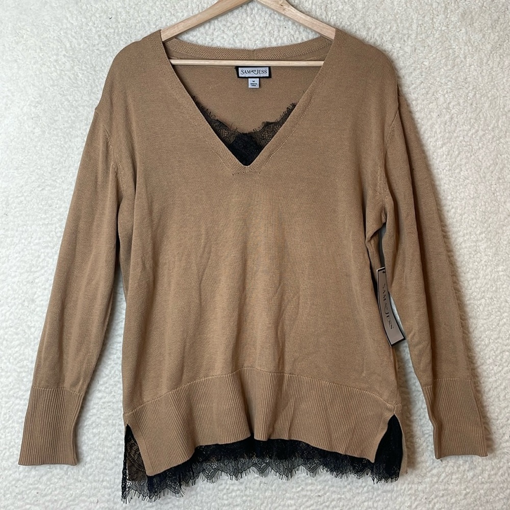 NWT Sam and Jess Womens Black Lace V-neck Sweater Stretch Long Sleeve MEDIUM